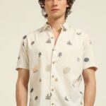 All-Over Embroidered Beige Half Sleeve Casual Shirt