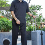 Unisex Black Textured Oversized Polo Neck Tee & Trackpant Co-ord Set