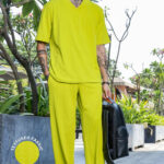 Unisex Lime Green Textured Oversized V-Neck Tee & Trackpant Co-ord Set