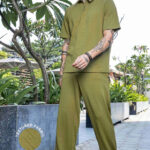 Olive Textured Oversized Polo Neck Tee & Track-pant Co-ord Set