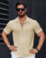 Men’s Stylish Casual Textured Light Yellow Shirt - Image 2