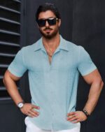 Men’s Stylish Casual Textured Sky Blue Shirt - Image 2