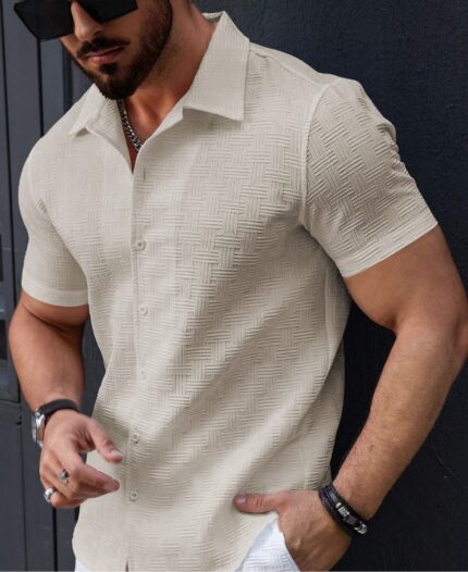 Men’s Stylish Casual Textured Cream Shirt