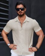 Men’s Stylish Casual Textured Cream Shirt - Image 2