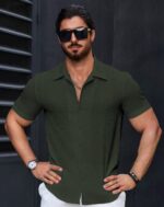Men’s Stylish Casual Textured Green Shirt - Image 2
