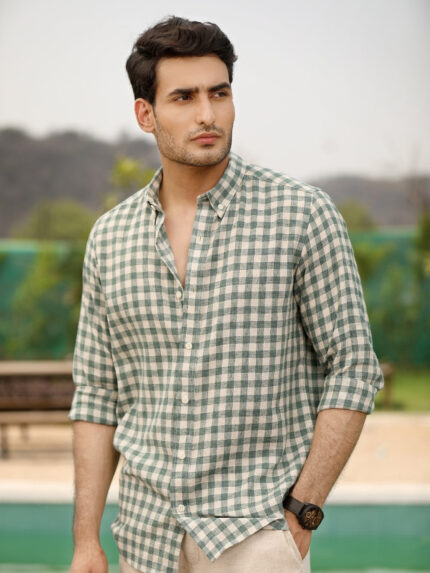 Meadow Green Checkered Pre-Washed Linen Cotton Premium Casual Shirt