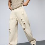 Premium Ecru Distressed Baggy Straight Jeans for Men