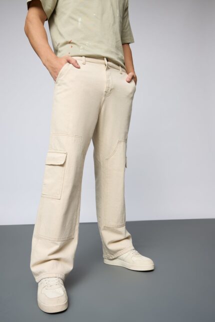 Urban Style Ecru Carpenter Fit Relaxed Baggy Jeans