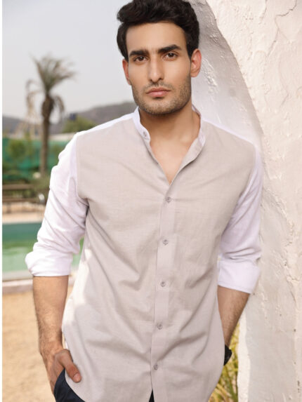Grey and White Linen Cotton Sophisticated Casual Shirt