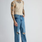 Mid Blue Torn Detail Casual Straight-Fit Denim Jeans