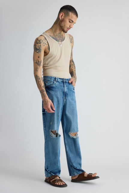 Mid Blue Torn Detail Casual Straight-Fit Denim Jeans