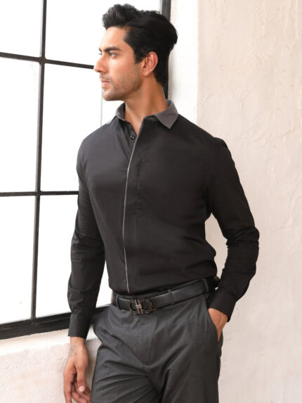 Black Cut and Sew Cotton Contemporary Casual Shirt