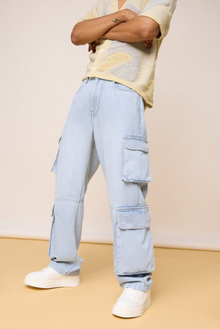 Frost Blue Functional Street Style Straight Cargo Jeans