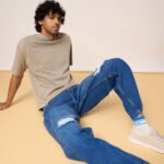 Mid Blue Rugged Distressed Street Style Wide Denim Jeans