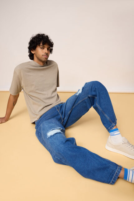 Mid Blue Rugged Distressed Street Style Wide Denim Jeans