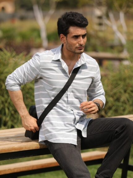 Mint Green Horizontal Striped Sporty Casual Shirt