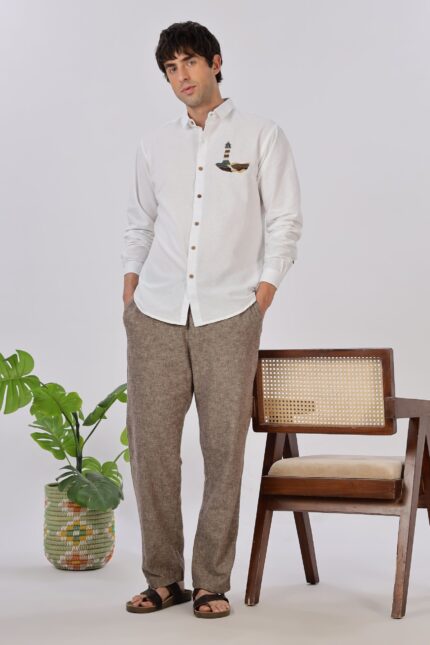 Summer White Lighthouse Coastal Embroidered Shirt