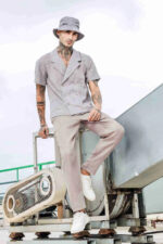 Beige Linen Embroidered Notched Lapel Korean Shirt & Solid Linen All Day Pants Co-ord Set - Image 2