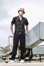 Black Linen Embroidered Notched Lapel Korean Shirt & All Day Pants Co-ord Set - Image 2