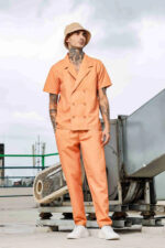Brown Color Notched Lapel Textured Fabric Shirt & All Day Lounge Pants Co-ord Set
