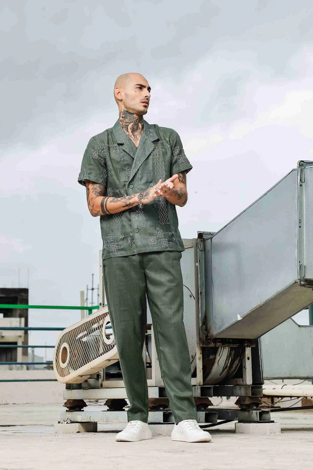 1L9A5914_11zon_1.jpg Olive Notched Lapel Linen Embroidered Shirt & Solid Linen All Day Pants Co-ord Set - Image 1