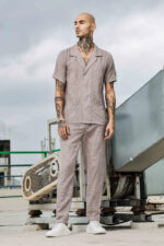 Beige Linen Notched Lapel Shirt & All Day Lounge Pants Embroidered Co-ord Set