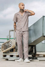 Beige Linen Notched Lapel Shirt & All Day Lounge Pants Embroidered Co-ord Set - Image 2