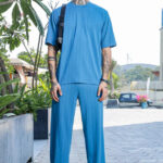 Blue Textured Oversized Round Neck Tee & Track Pant Co-ord Set