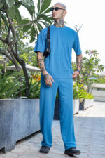 Blue Textured Oversized Round Neck Tee & Track Pant Co-ord Set - Image 2