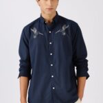 Hummingbird Navy Cotton Regular Fit Artistic Embroidered Shirt