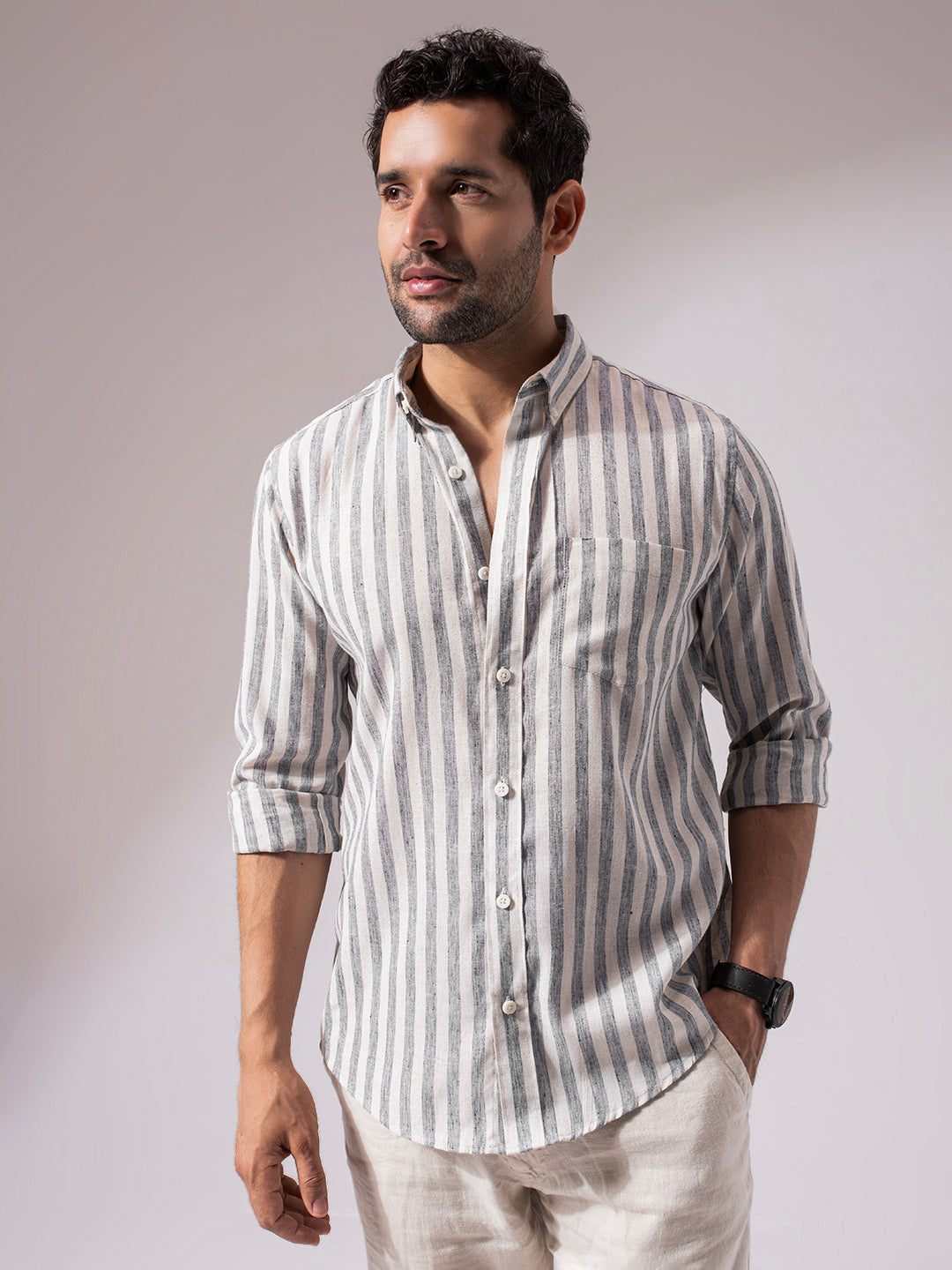 1_1_7b782c34-e02c-4a69-9890-fbc11de8fb5e.jpg Black Striped Linen Blend Stylish Casual Shirt - Image 1