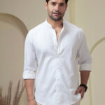 Crystal White Linen Blend Band Collar Contemporary Casual Shirt