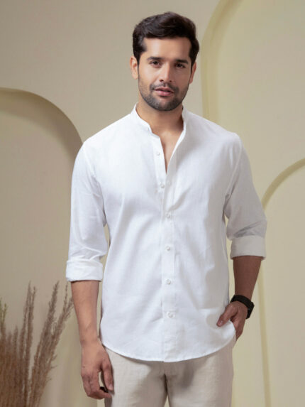 Crystal White Linen Blend Band Collar Contemporary Casual Shirt