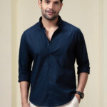 Navy Blue Pre-Washed Linen Blend Elegant Everyday Wear Shirt