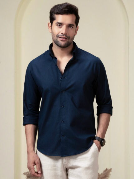 Navy Blue Pre-Washed Linen Blend Elegant Everyday Wear Shirt