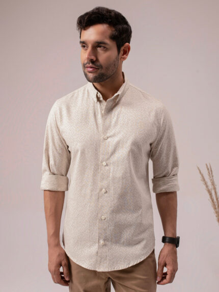 Beige Abstract Print Linen Cotton Artistic Casual Shirt