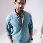 Aqua Blue Pre-Washed Linen Blend Breezy Summer Casual Shirt