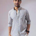 Ocean Blue Striped Linen Cotton Relaxed Fit Casual Shirt for Men