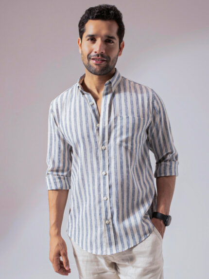 Ocean Blue Striped Linen Cotton Relaxed Fit Casual Shirt for Men
