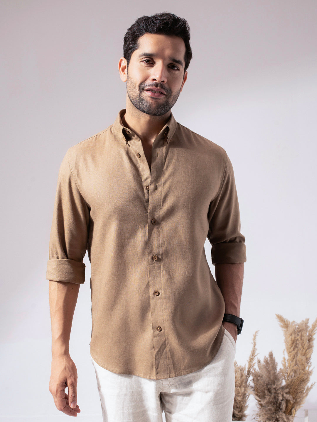 1_3_62c852a4-502f-4955-b4f9-f3348442d904.jpg Brown Pre-Washed Linen Blend Timeless Casual Wear Shirt - Image 1