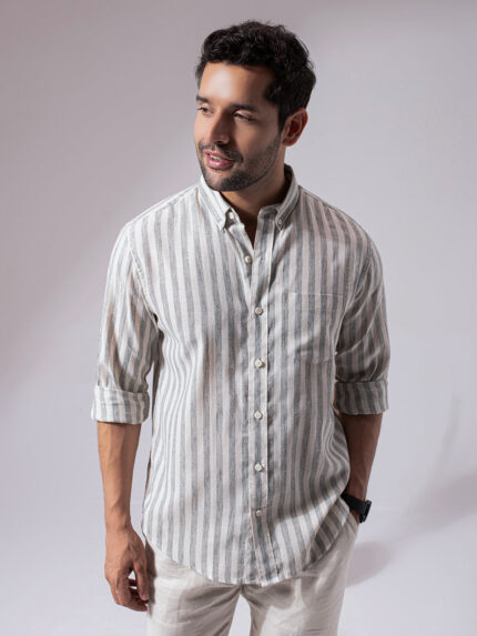 Sage Green Striped Linen Cotton Lightweight Summer Shirt