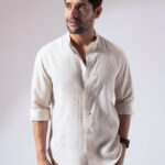 Beige Band Collar Linen Blend Premium Casual Shirt