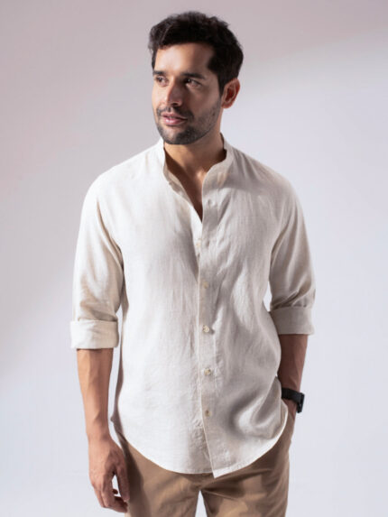 Beige Band Collar Linen Blend Premium Casual Shirt