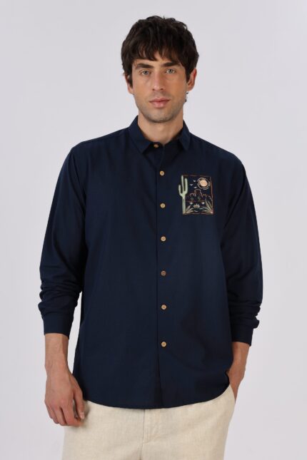 Midnight Mesa Blue Stripe Artistic Embroidered Shirt