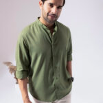 Green Band Collar Linen Blend Minimal Casual Shirt