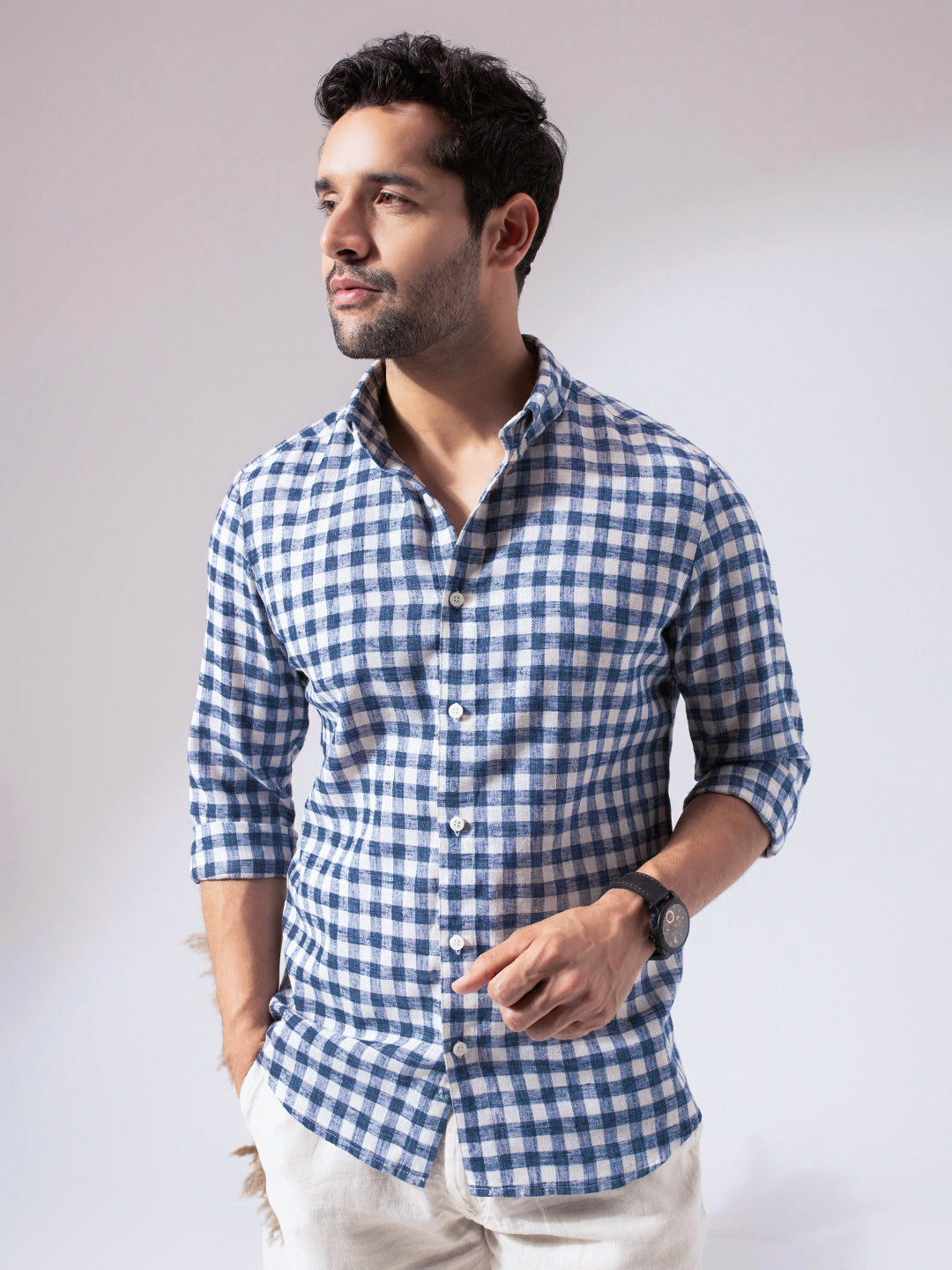 1_5_92ca7630-1e82-498b-ba25-e043aaae54c6.jpg Blue Checkered Pre-Washed Linen Blend Smart Casual Shirt for Men - Image 1