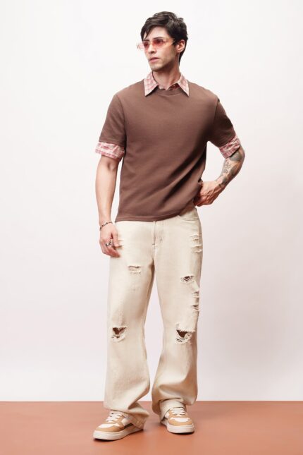 Soft Wash Ecru Distressed Oversized Straight Jeans for Men
