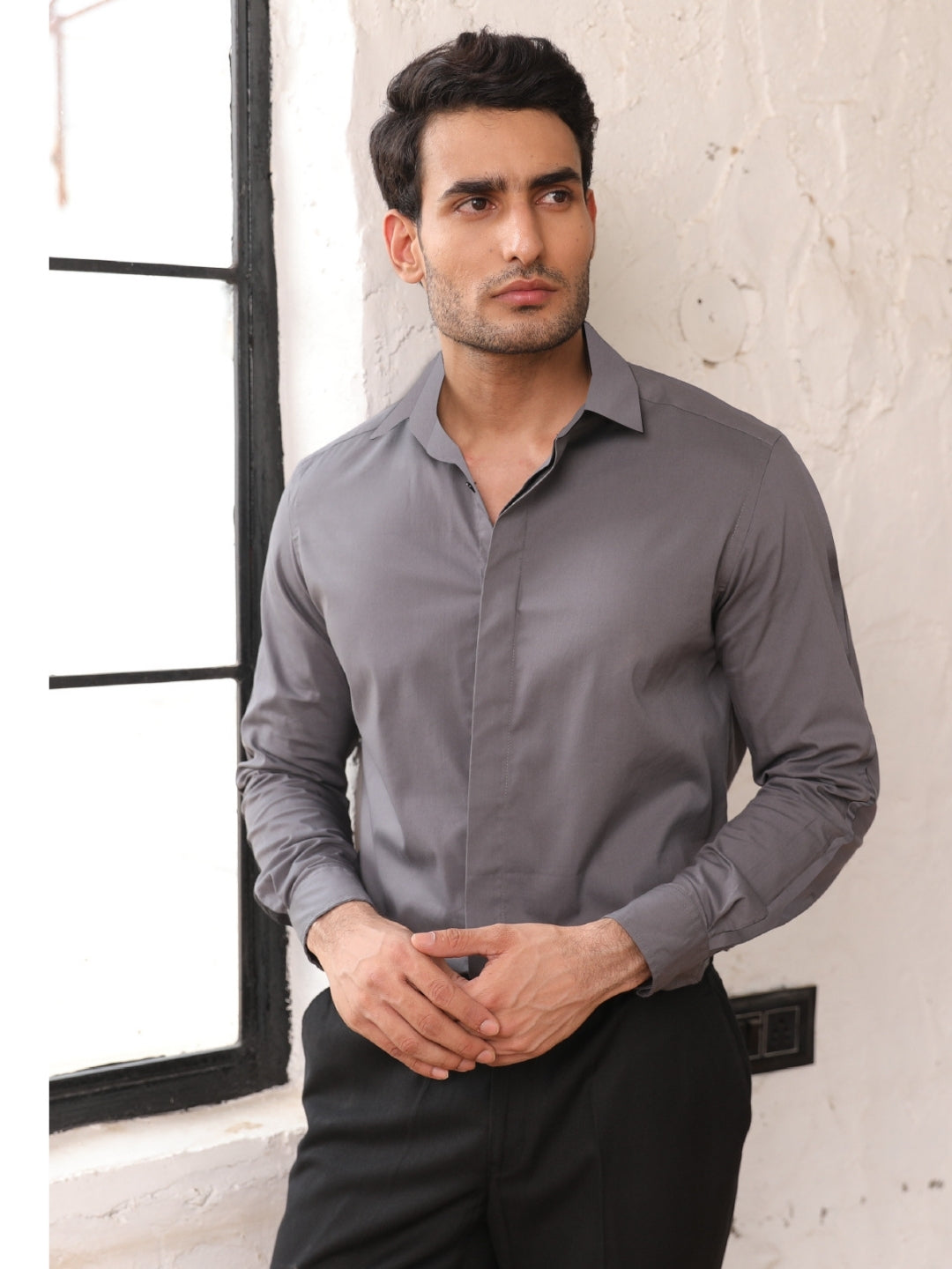 208.jpg Dark Grey Solid Cotton Everyday Essential Shirt - Image 1