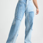 Blue Patchwork Creative Streetwear Straight-Fit Denim Jeans