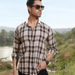 Brown Checkered Cotton Shirt with Premium Contrast Collar